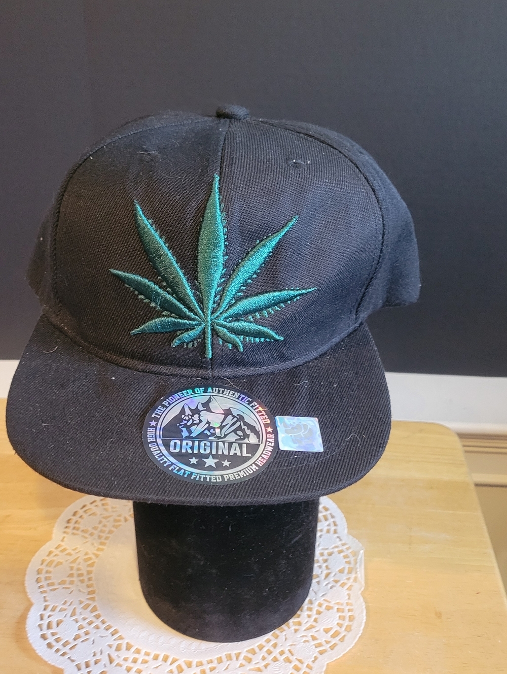 Black Snapback Hat with Teal Embroidered Leaf - ORIGINAL